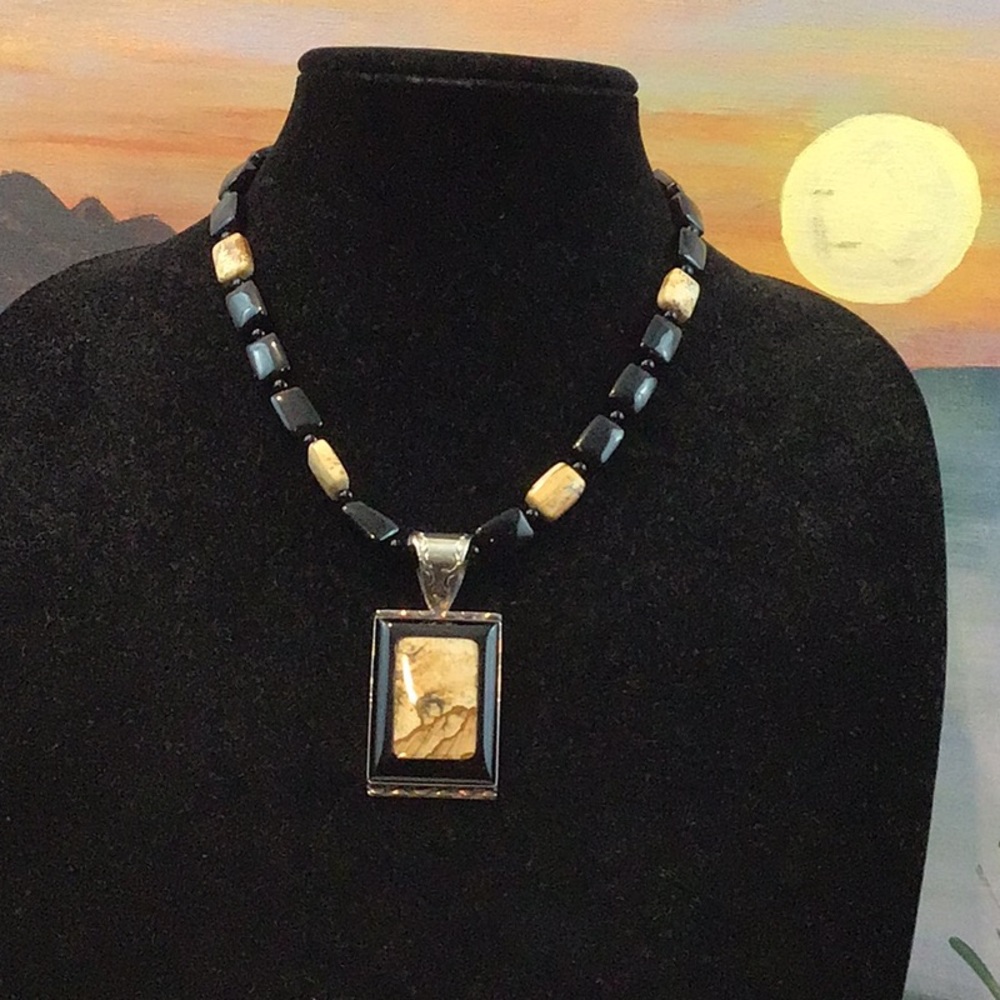 STERLING SILVER (JASPER STONE & Onyx) Necklace